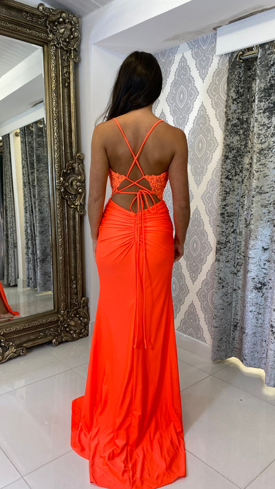 Bright Orange Corset Lace Formal Gown