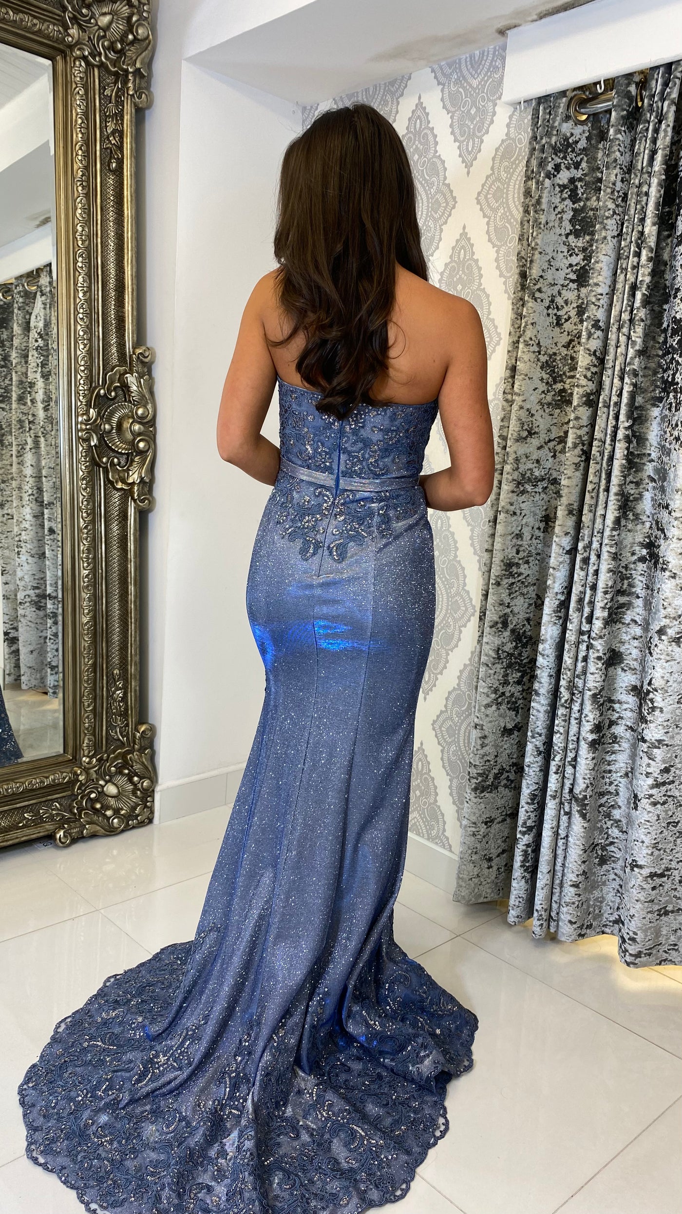 Grey Blue Strapless Shimmer Fabric Evening Gown