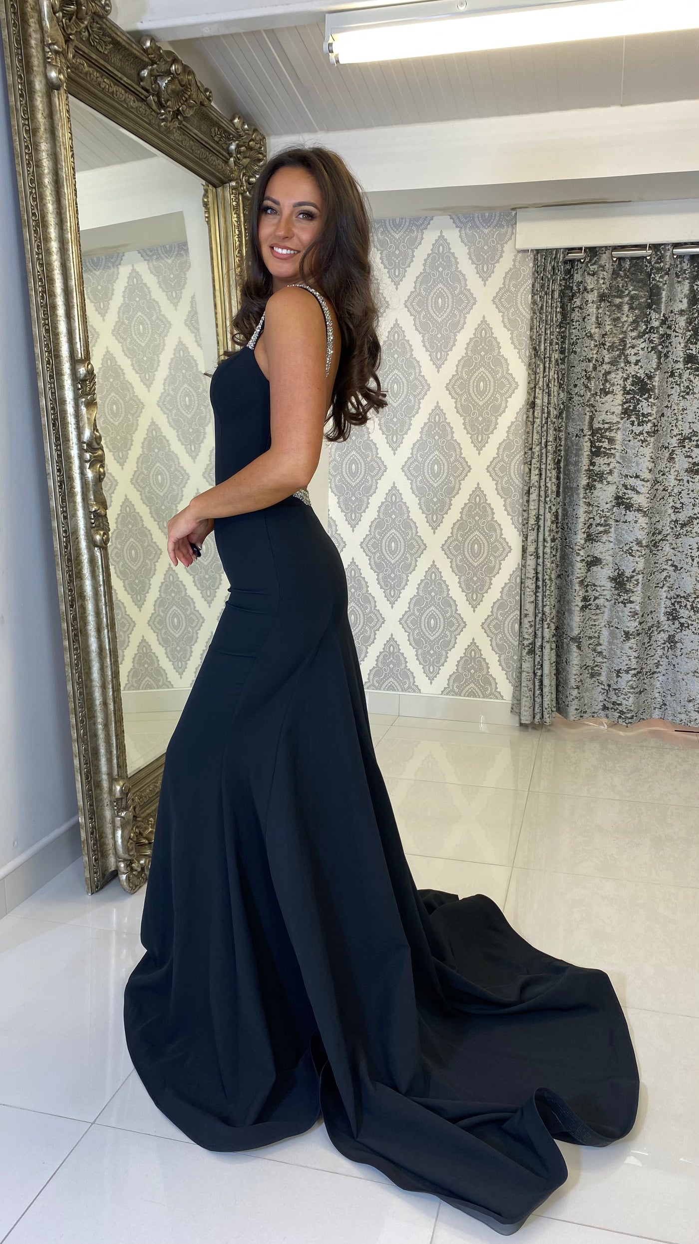 Black Diamonte 3 Strap Back Prom Dress