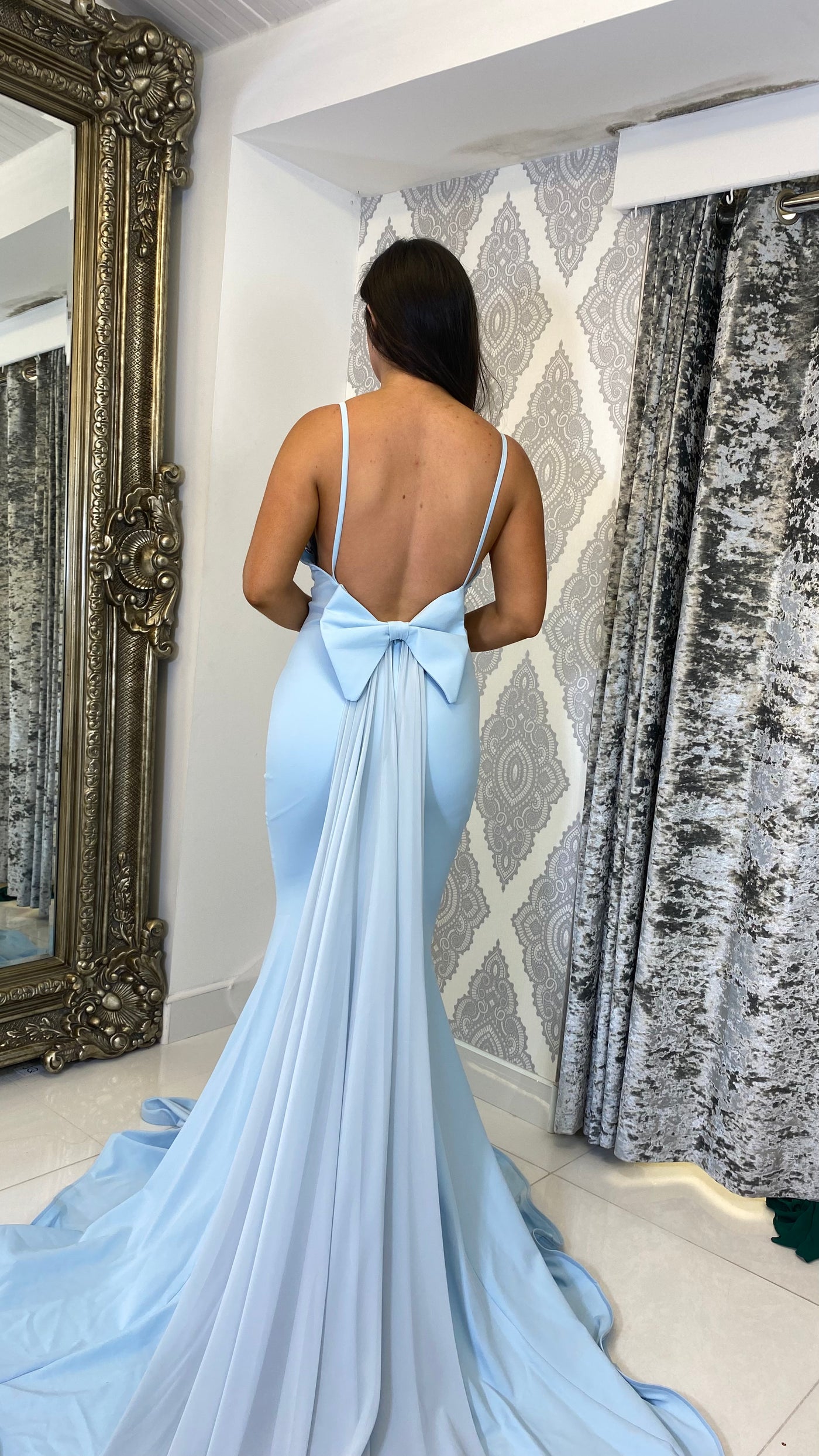 bridal shower dress with bow on back Jane Summers Jocelyn Backless White Bridal Shower & Rehearsal Dinner Dress with Blue Ribbon Tie 10 / White with Light Blue Ribbon , female , adult
