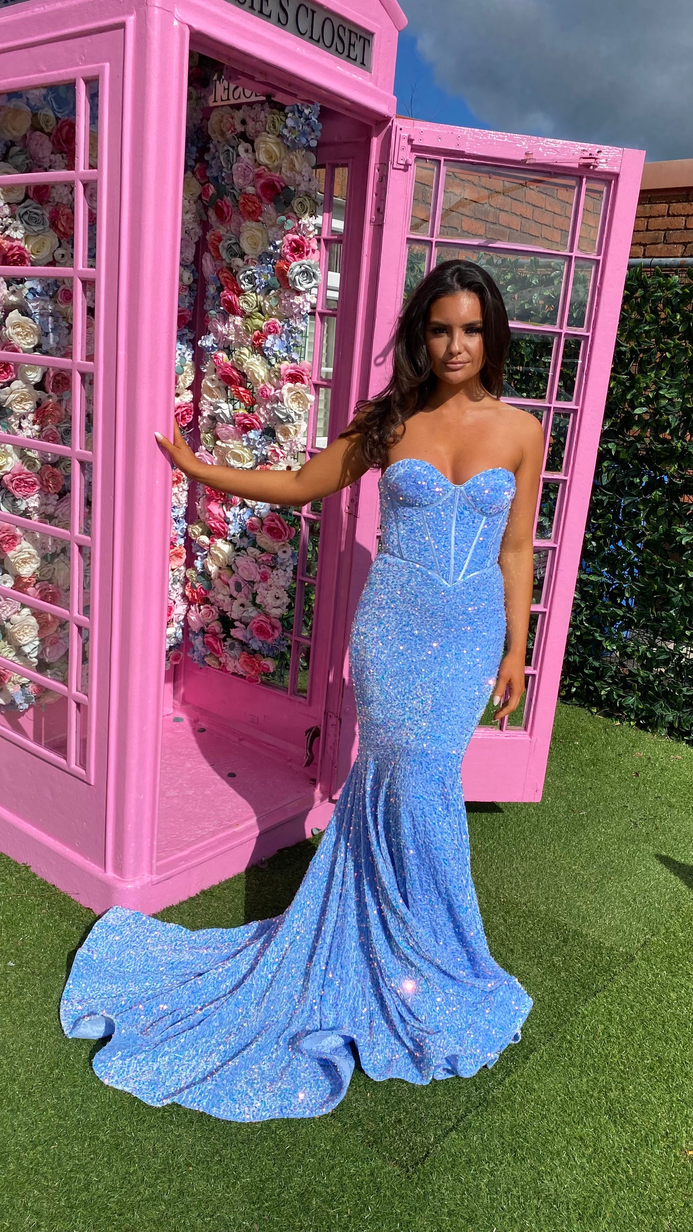 Baby Blue Sequin Corset Strapless Evening Gown