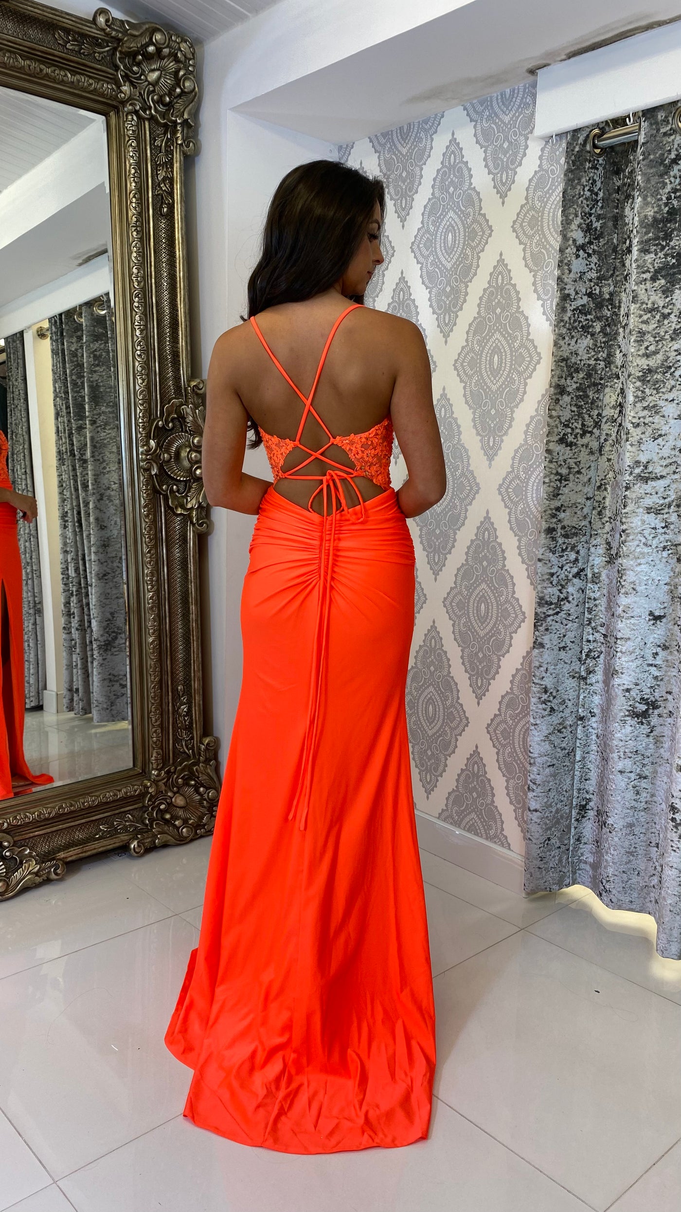 Bright Orange Corset Lace Formal Gown