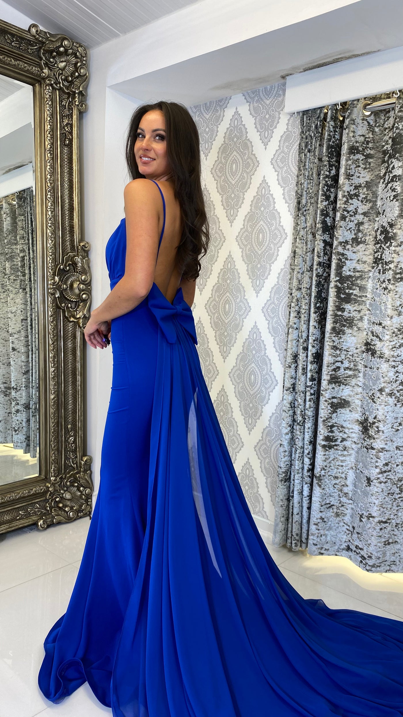 Royal Blue Bow Back Chiffon Trail Prom Dress – Rosies Closet