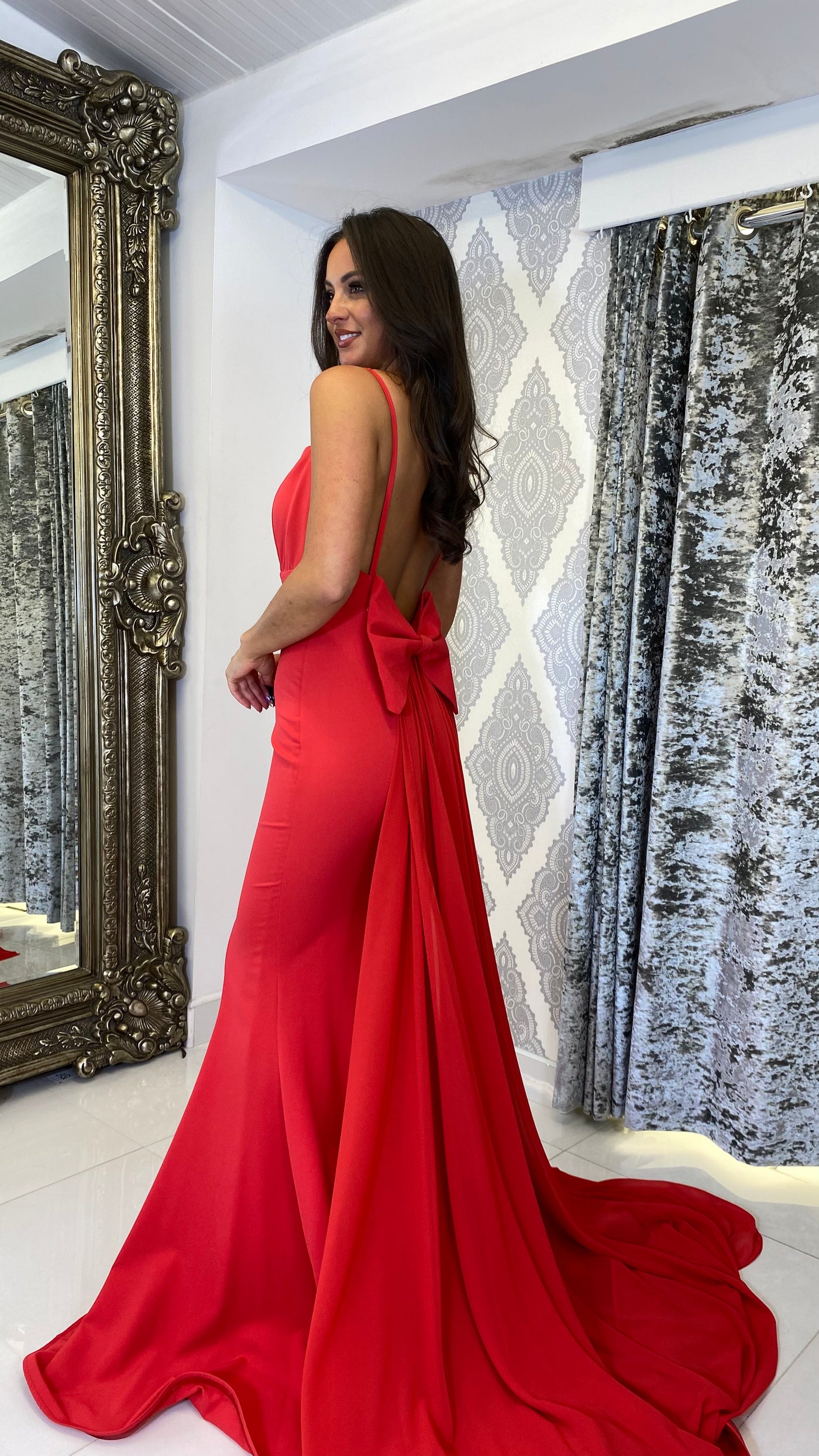 Red Bow Back Chiffon Trail Prom Dress – Rosies Closet Red Bow Back Chiffon Trail Prom Dress – Rosies Closet
