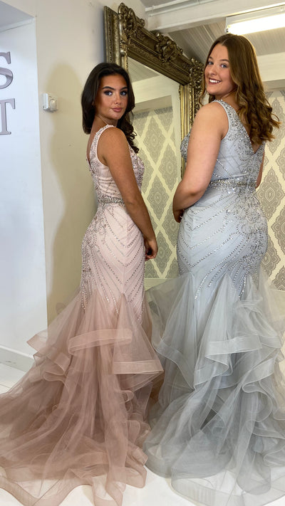 Silver V-Neck Jewell Fishtail Prom Dress