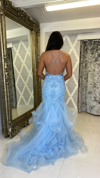Baby Blue Straight Neck Fishtail Prom Dress