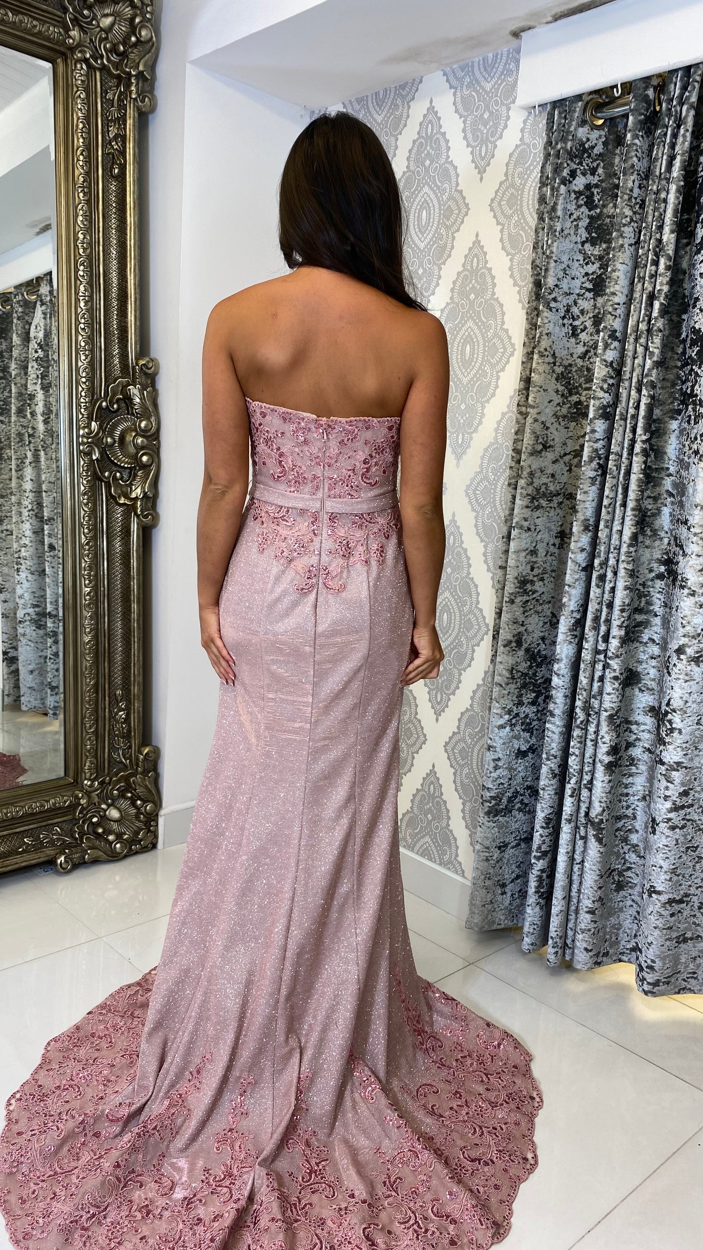 Baby Pink Strapless Shimmer Fabric Evening Gown