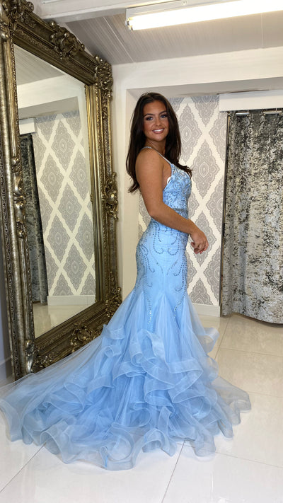 Baby Blue Straight Neck Fishtail Prom Dress