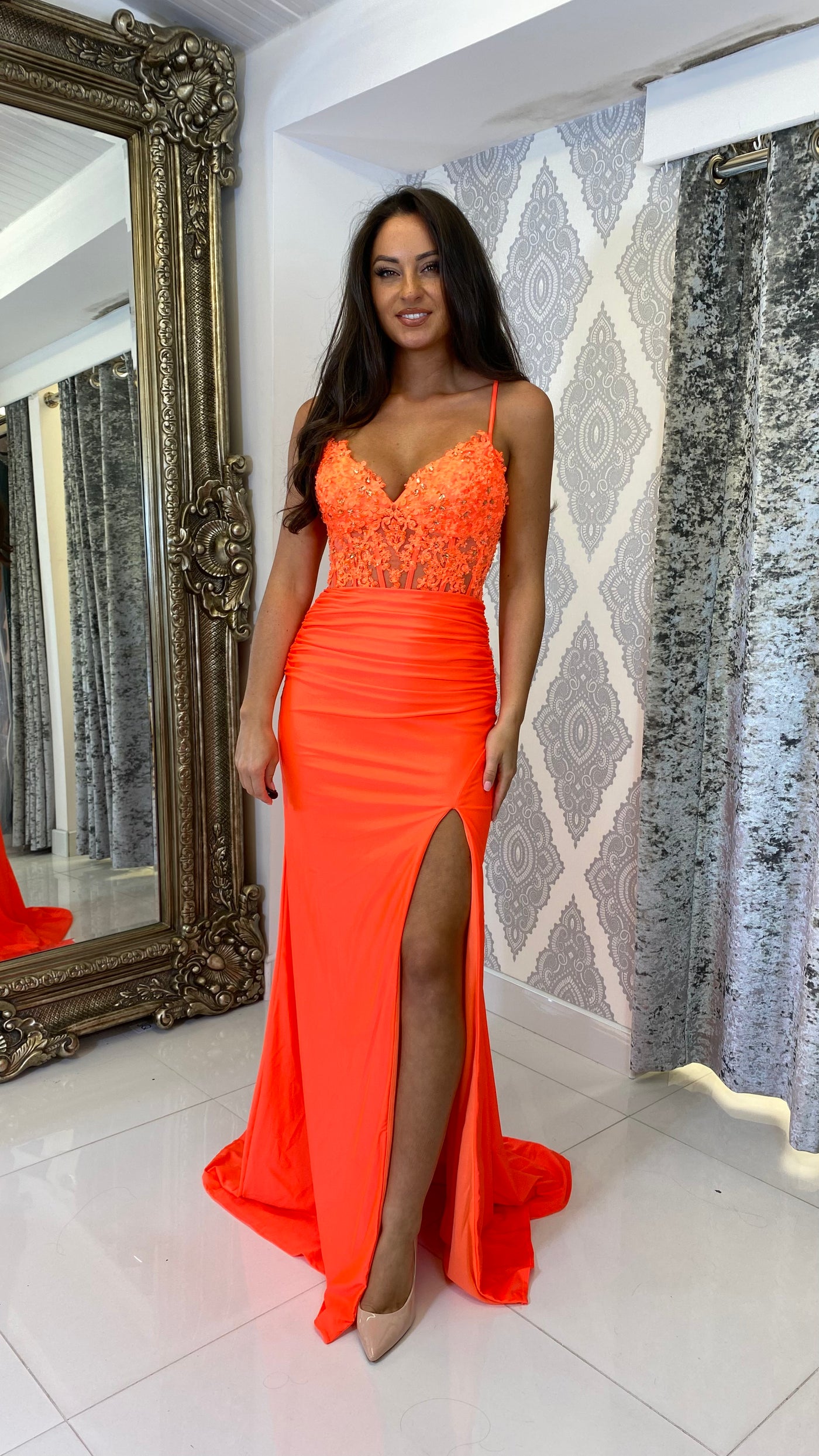 Bright Orange Corset Lace Formal Gown Rosies Closet