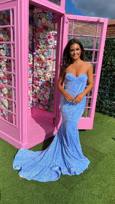 Baby Blue Sequin Corset Strapless Evening Gown