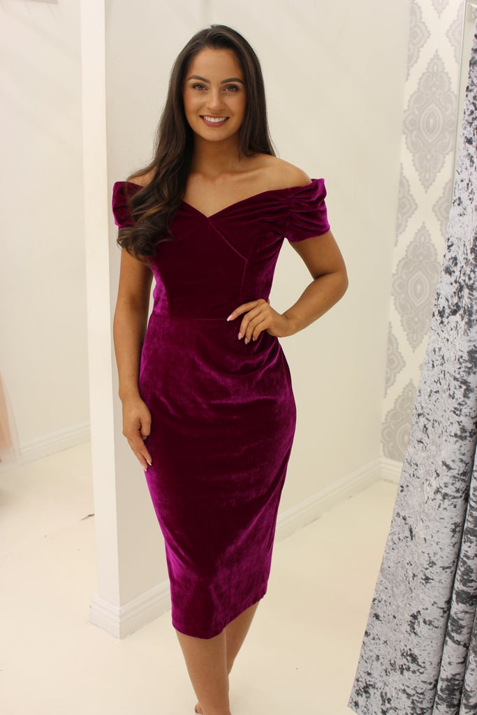 Magenta Bardot Velvet Dress – Rosies Closet