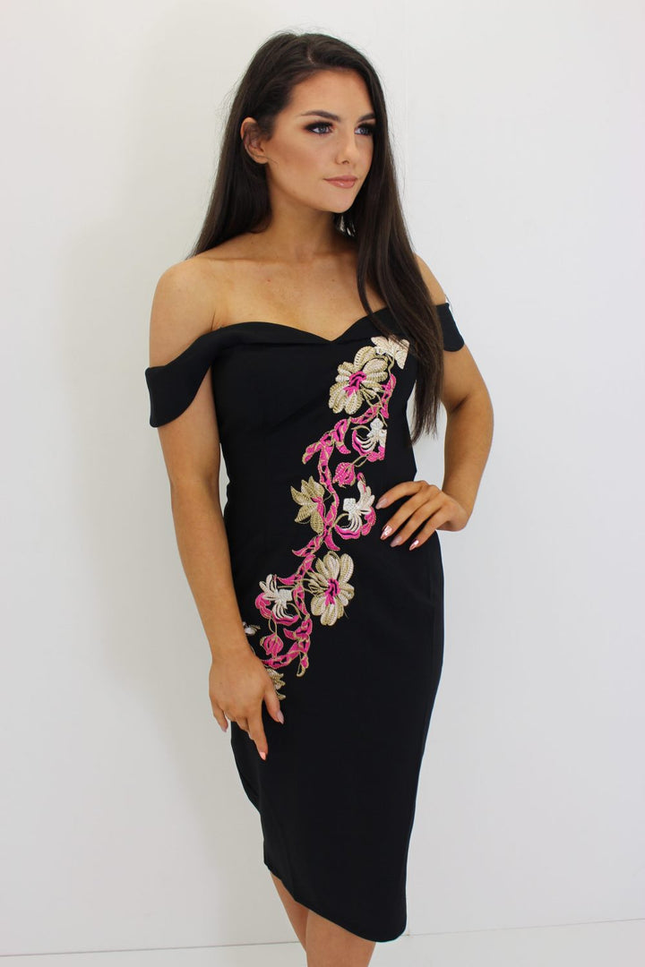Black Bardot Floral Embroidery Dress – Rosies Closet