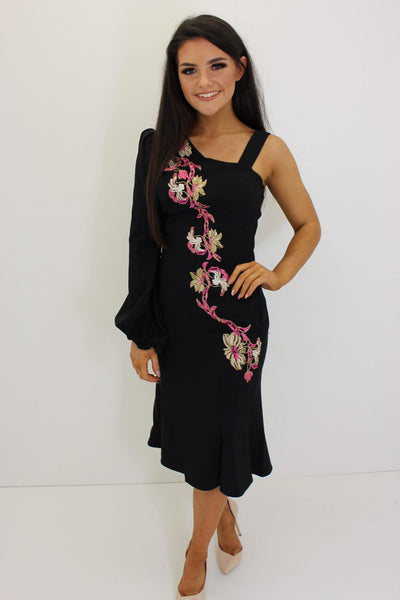 Black Bardot Floral Embroidery Dress-Copy