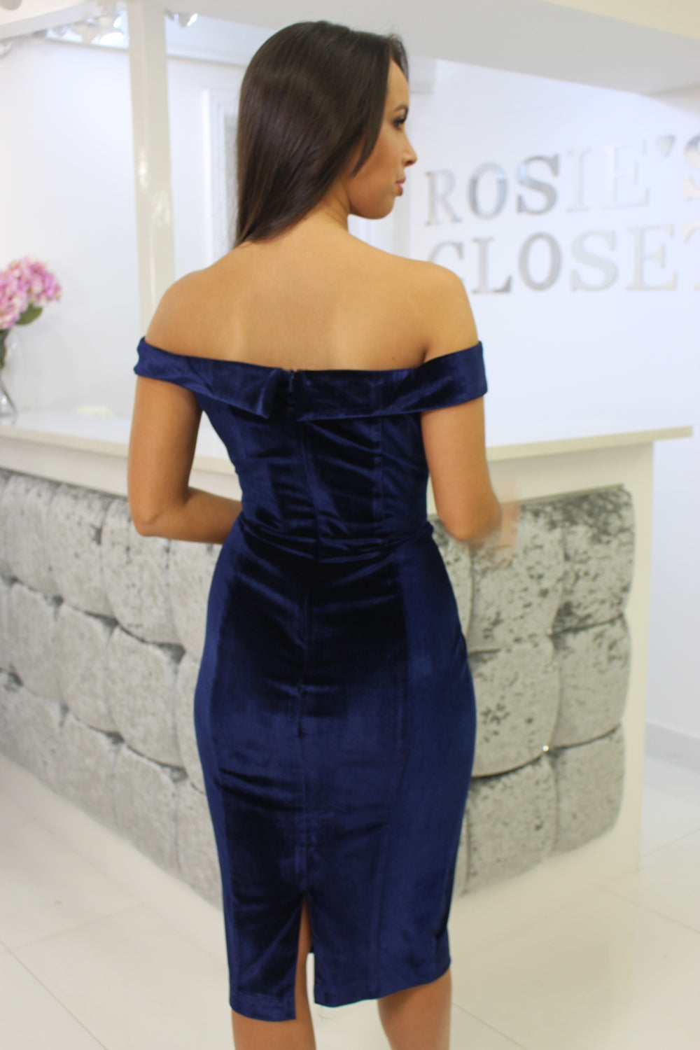 Velvet Bardot Dress Navy