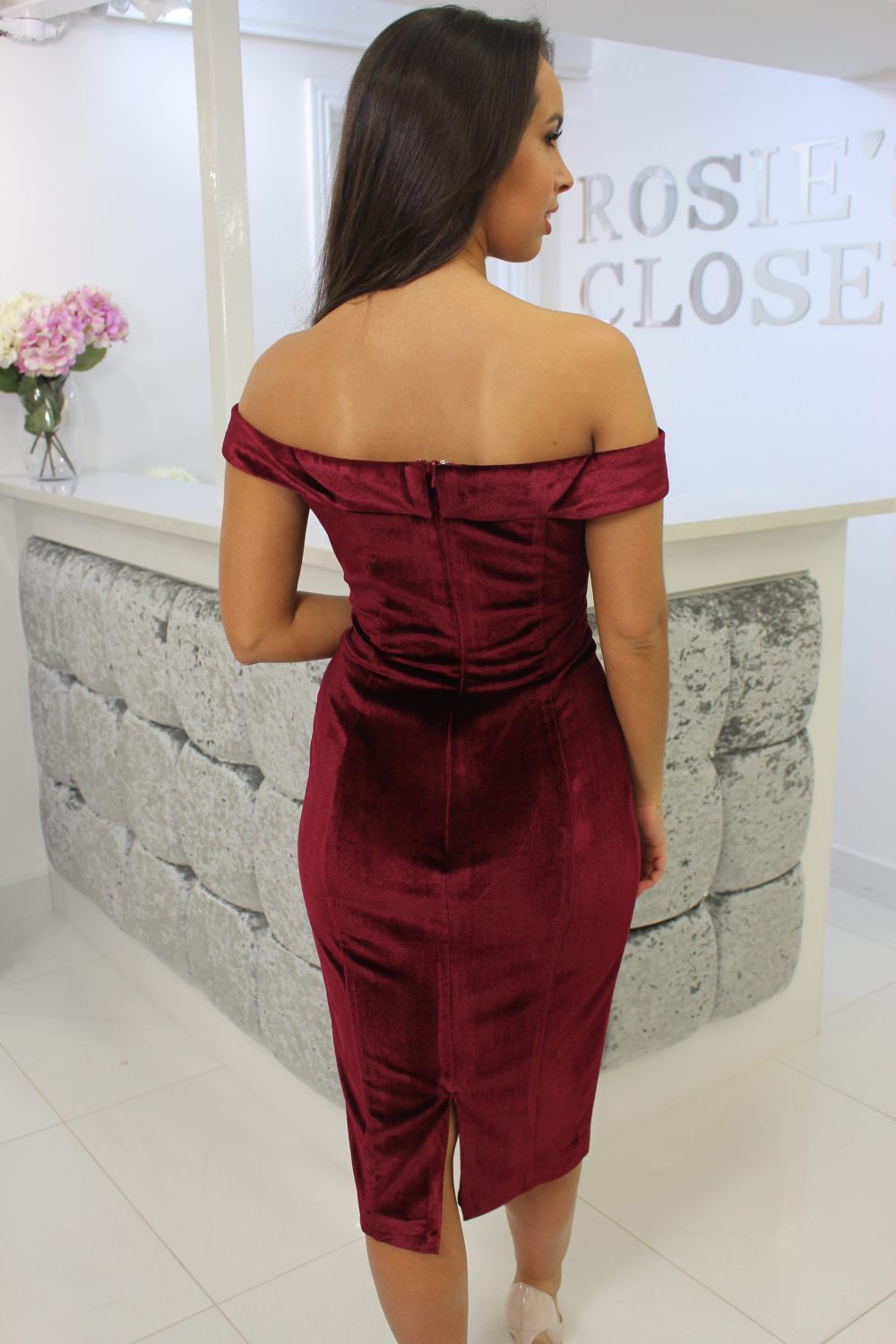 Velvet Bardot Dress Burgundy