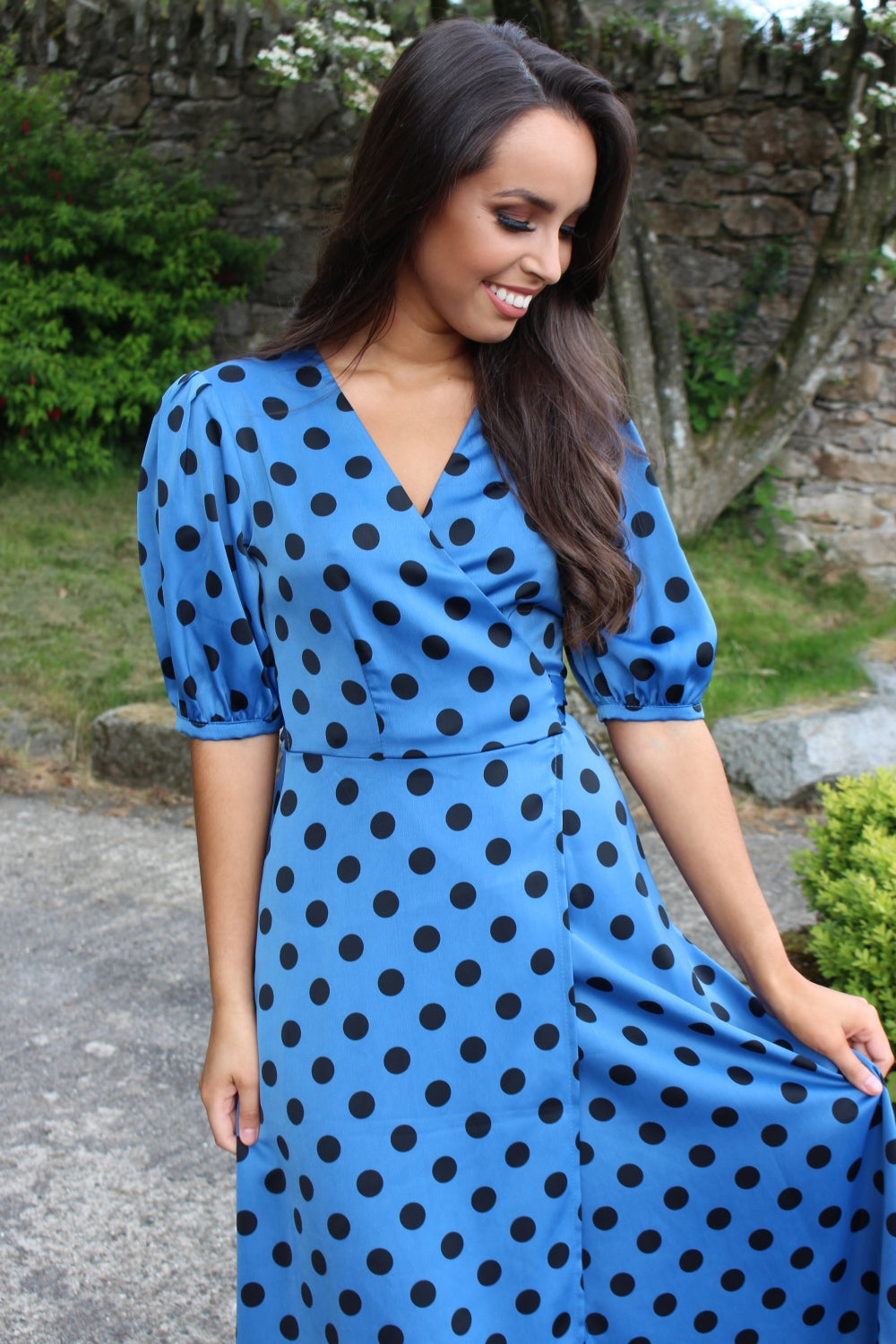 Blue Polka Dot Midi Wrap Dress Rosies Closet