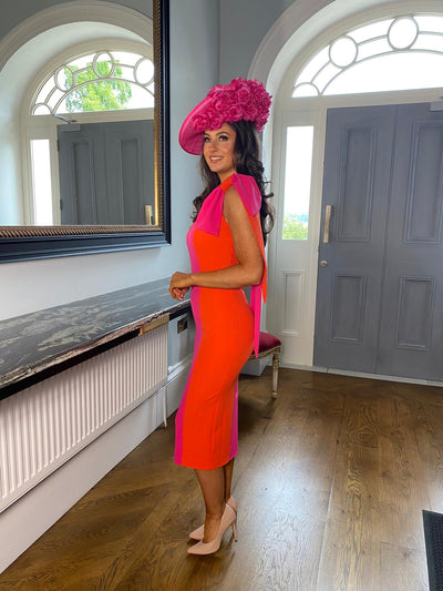 Bow Shoulder Detailed Wedding Guest Dress in Orange/Pink