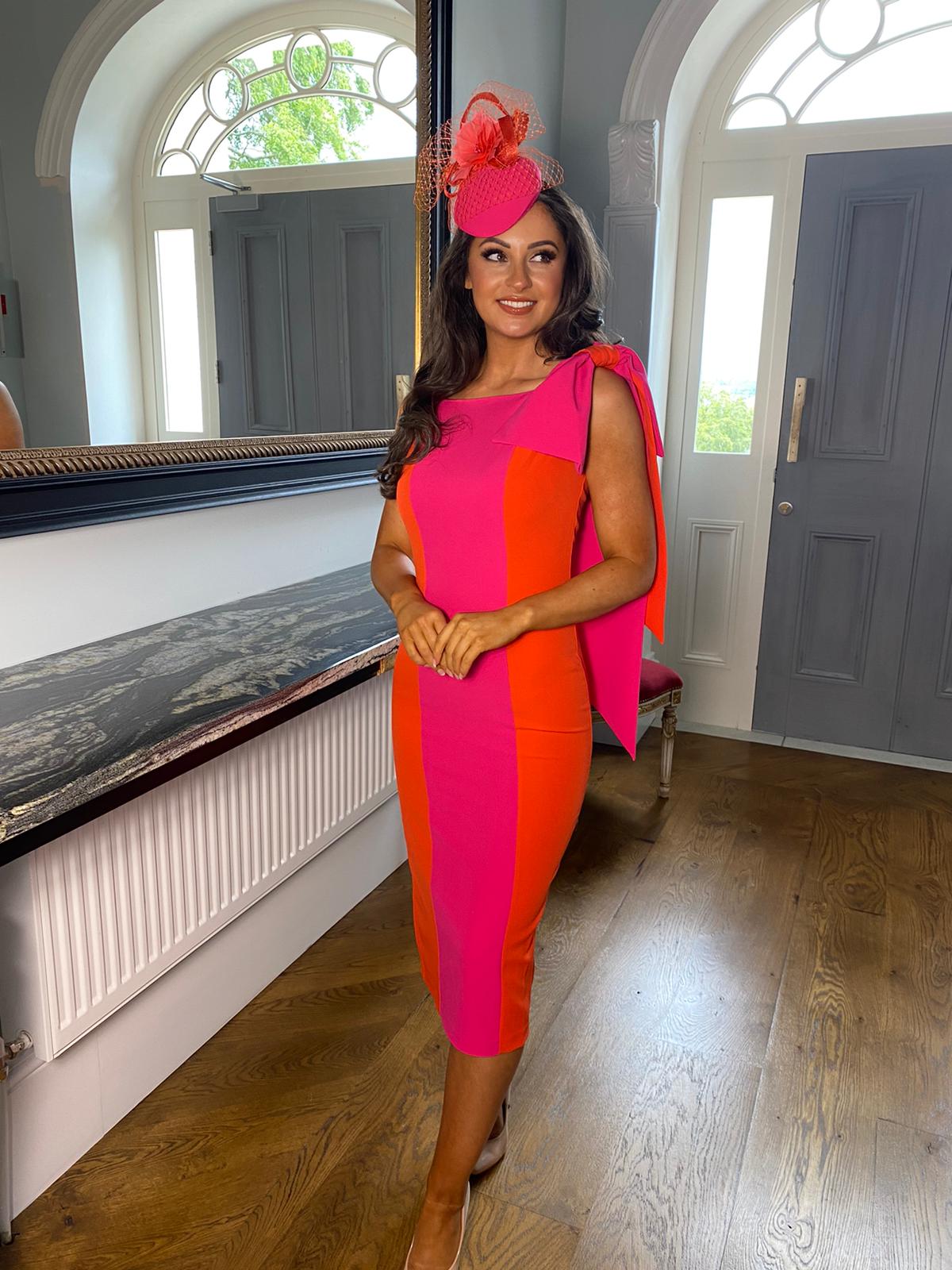 Bow Shoulder Detailed Wedding Guest Dress in Orange/Pink – Rosies Closet Bow Shoulder Detailed Wedding Guest Dress in Orange/Pink – Rosies Closet