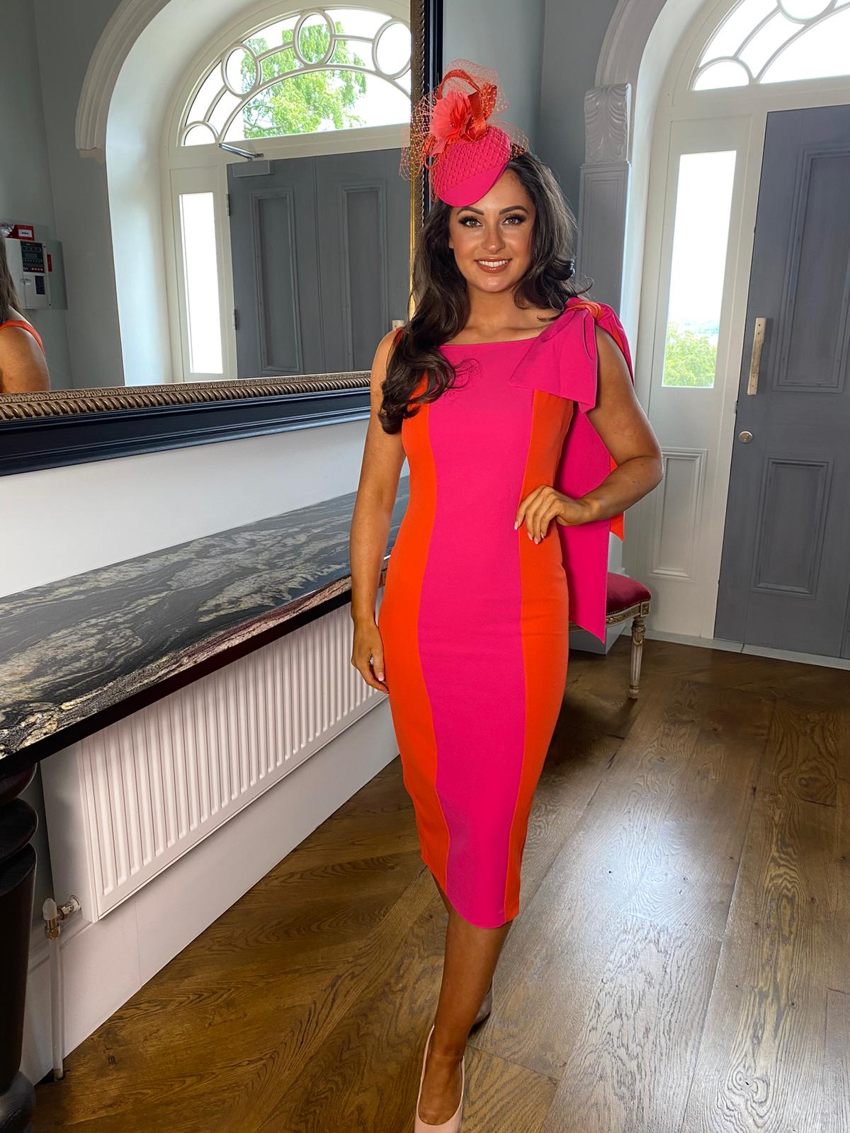Bow Shoulder Detailed Wedding Guest Dress in Orange/Pink Rosies Closet Bow Shoulder Detailed Wedding Guest Dress in Orange/Pink Rosies Closet