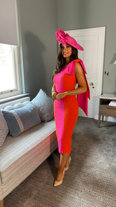 Bow Shoulder Detailed Wedding Guest Dress in Orange/Pink