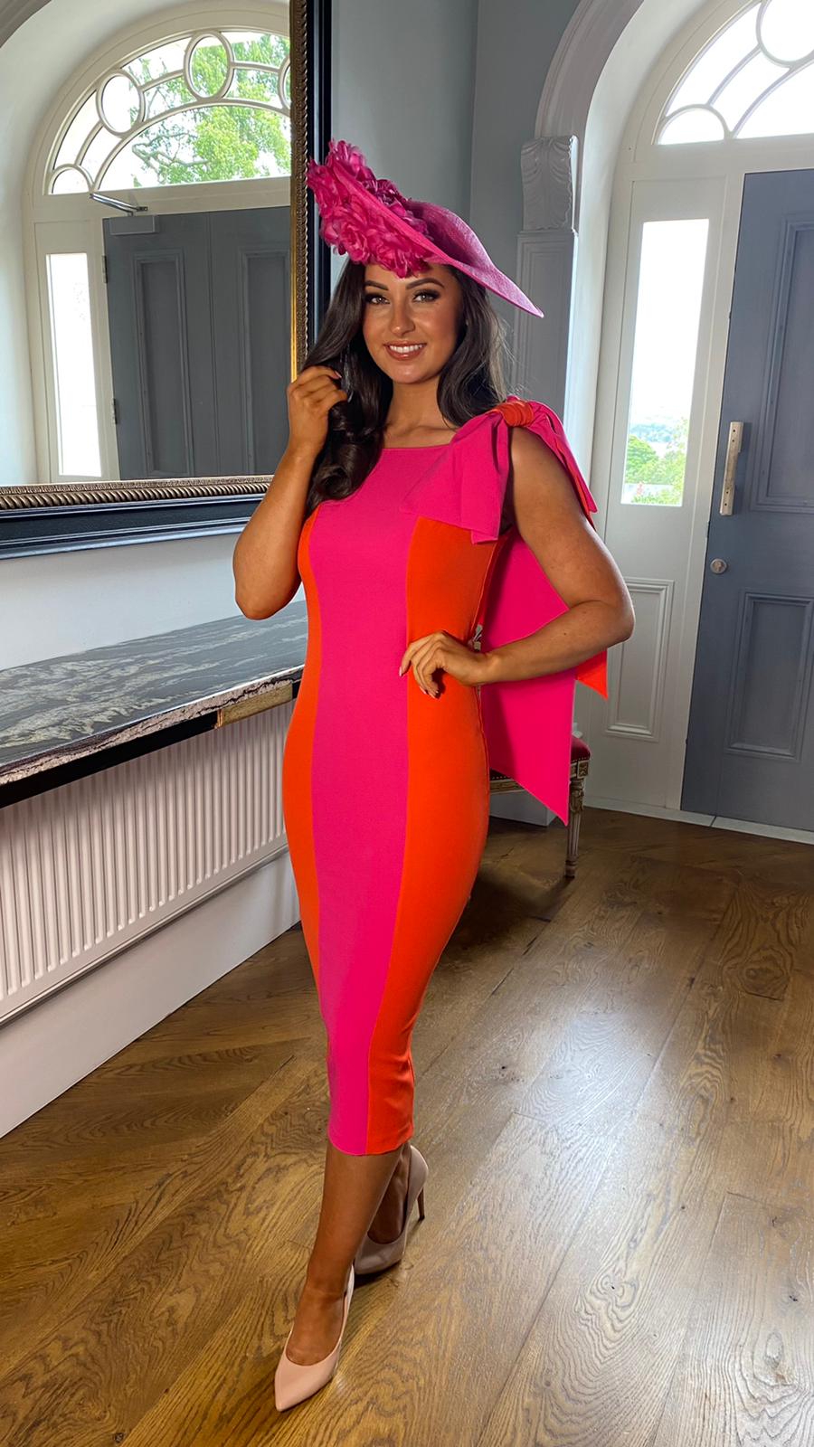 Bow Shoulder Detailed Wedding Guest Dress in Orange/Pink Rosies Closet Bow Shoulder Detailed Wedding Guest Dress in Orange/Pink Rosies Closet