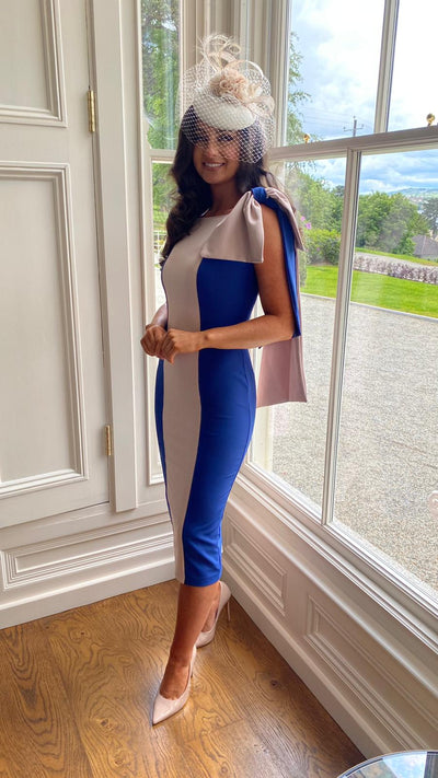 Bow Shoulder Detailed Wedding Guest Dress In Navy Blue