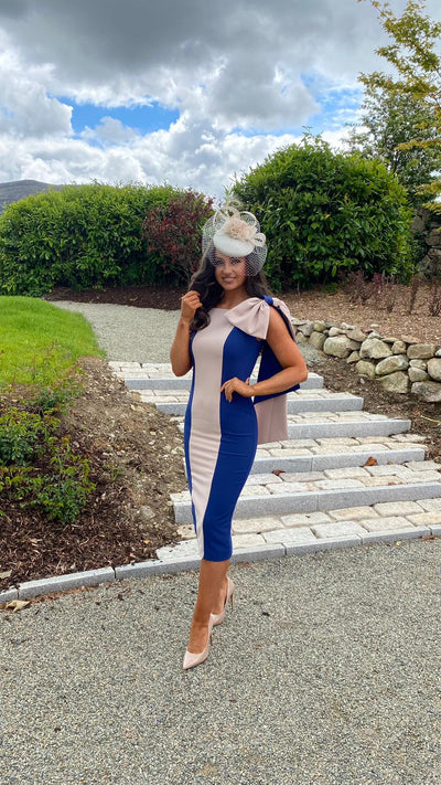 Bow Shoulder Detailed Wedding Guest Dress In Navy Blue