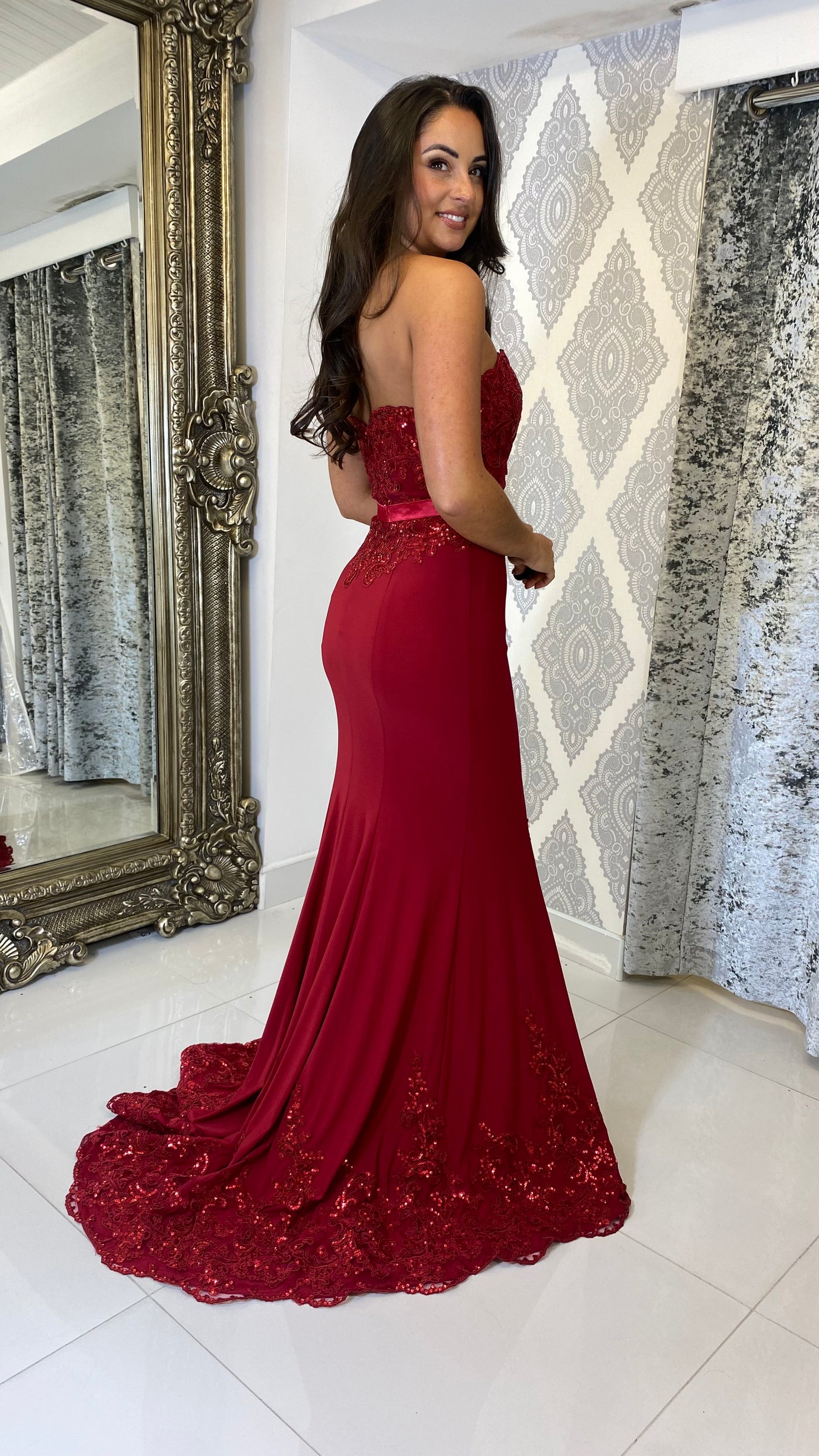 Red Strapless Leg Split Evening Gown