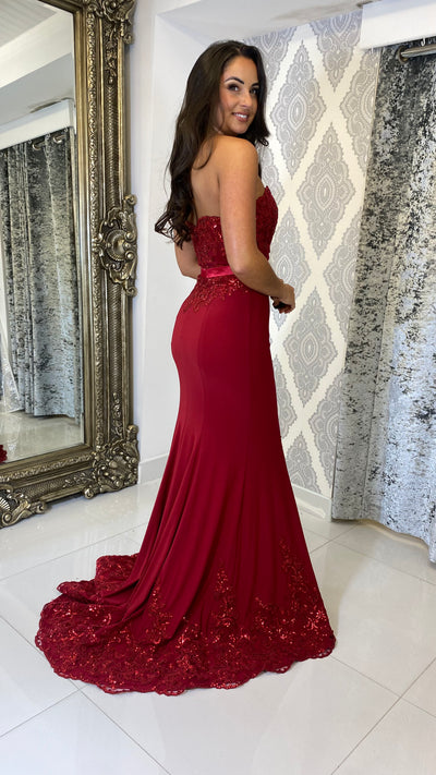 Red Strapless Leg Split Evening Gown