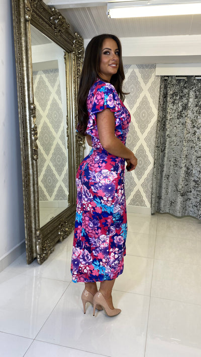 Purple/Pink Floral Print Frill Sleeve Dress