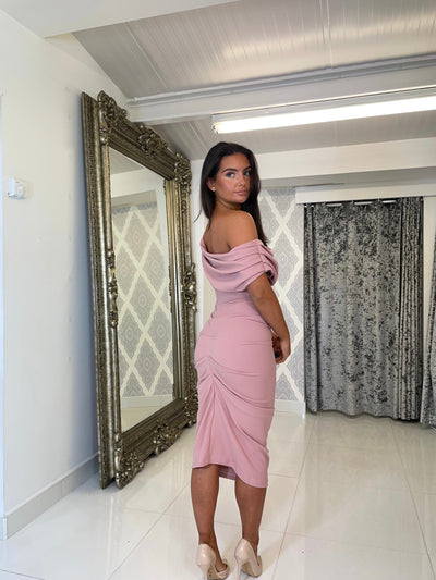 Blush Pink Drape Shoulder Midi Bodycon Dress