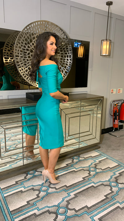 Green 3/4 Sleeve Bow Back Dress