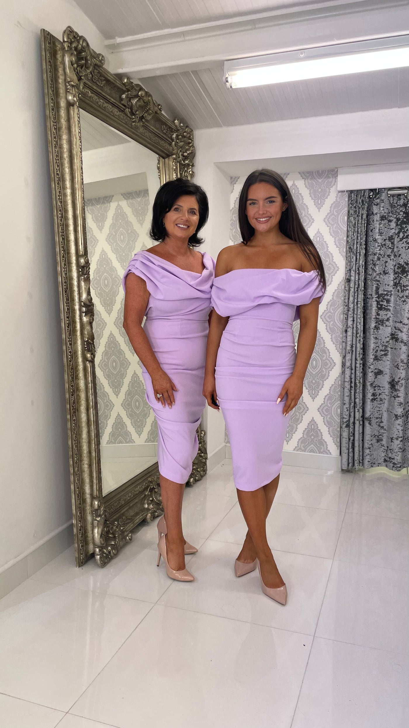 Lilac Drape Off Shoulder Midi Dress