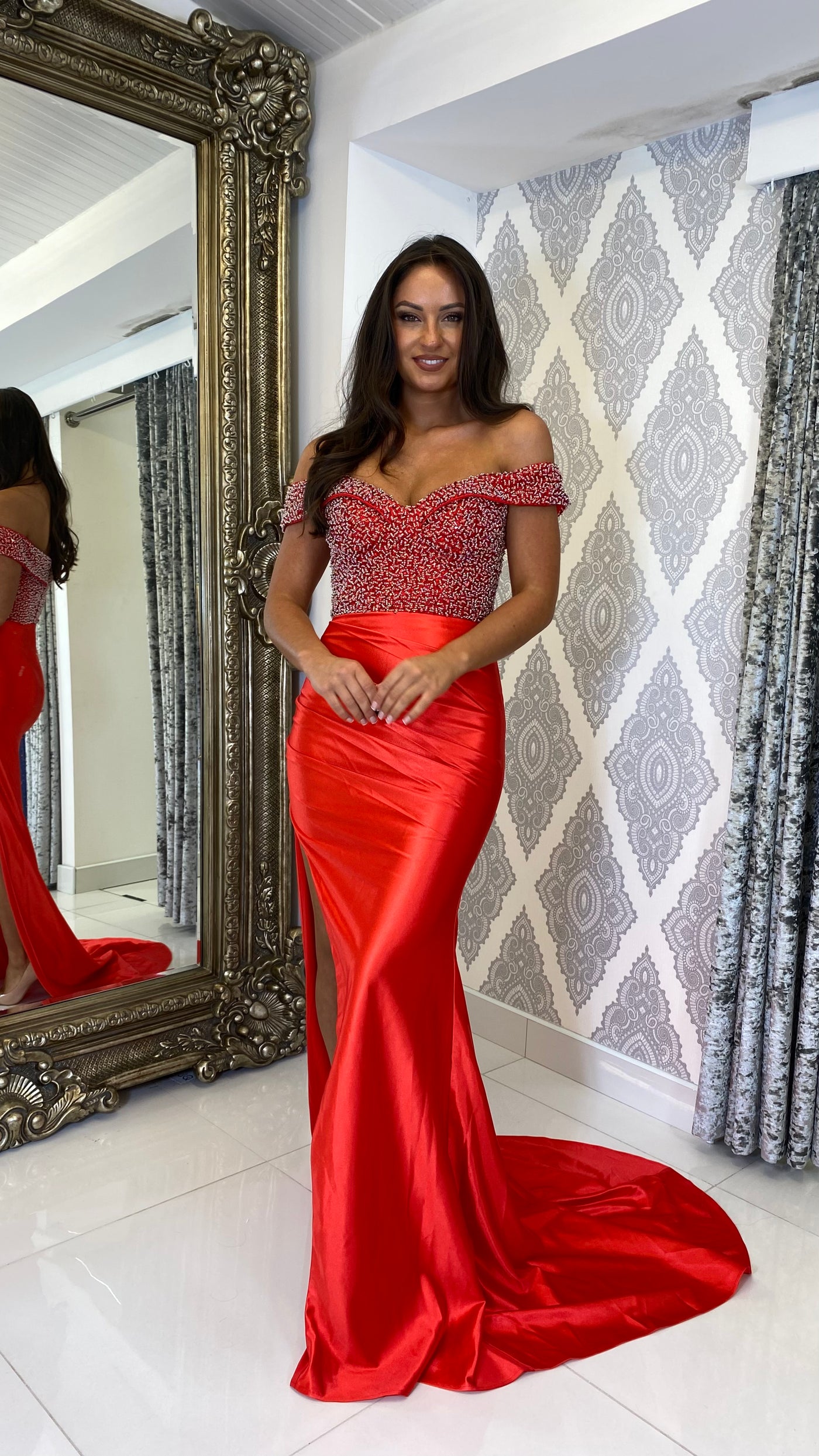 Red Sequin Top Bardot Formal Gown Rosies Closet