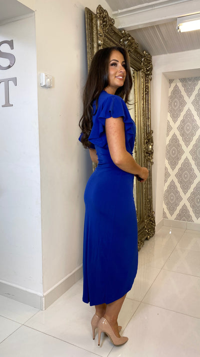 Cobalt Frill Sleeve Midi Cocktail Dress