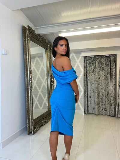 Aqua Blue Drape Shoulder Midi Bodycon Dress