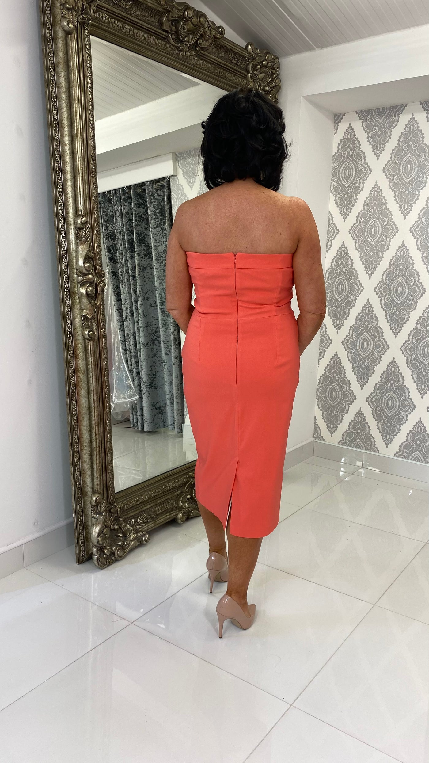 Strapless Midi Cocktail Dress In Orange