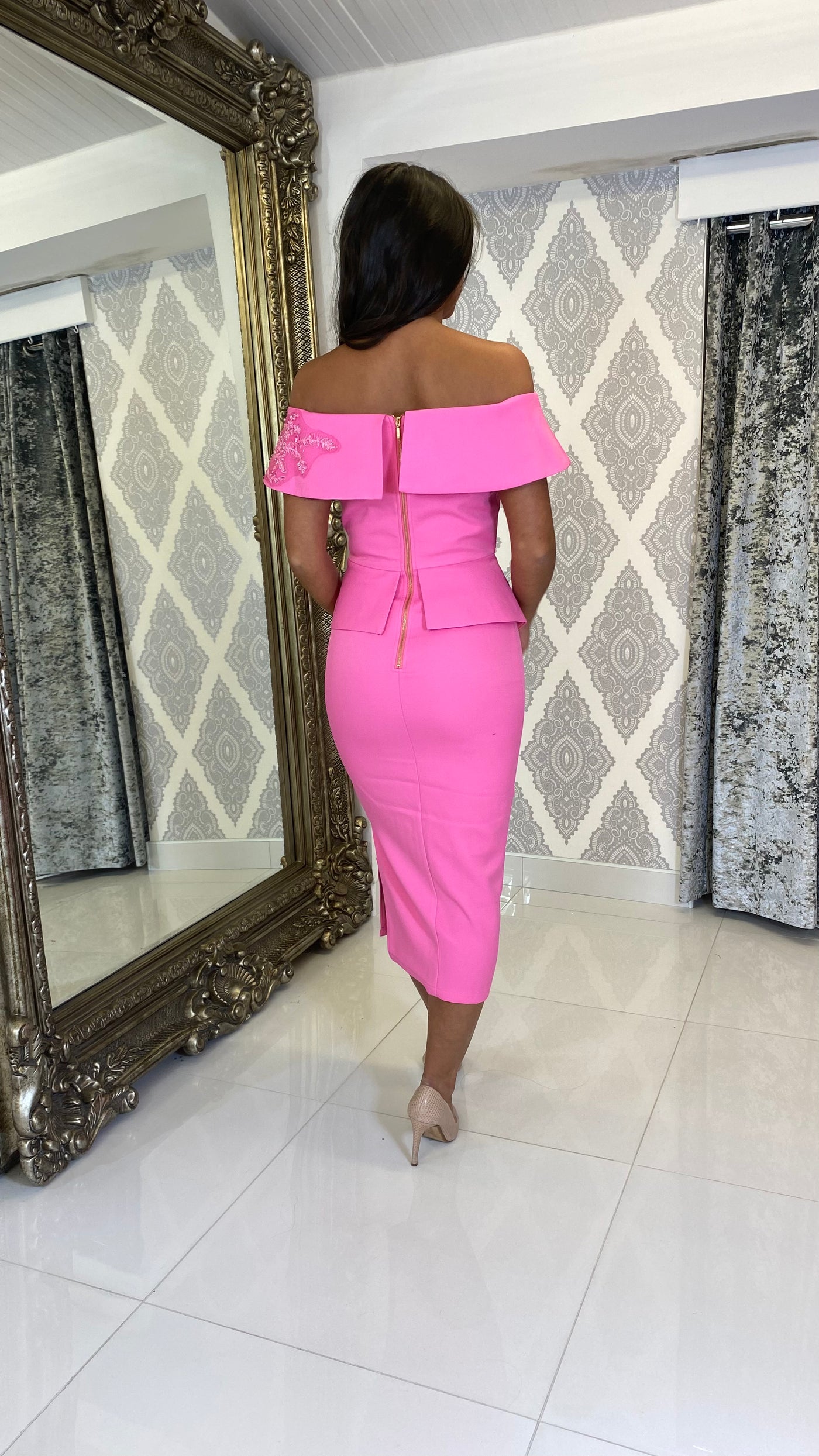 Bardot peplum midi dress hotsell