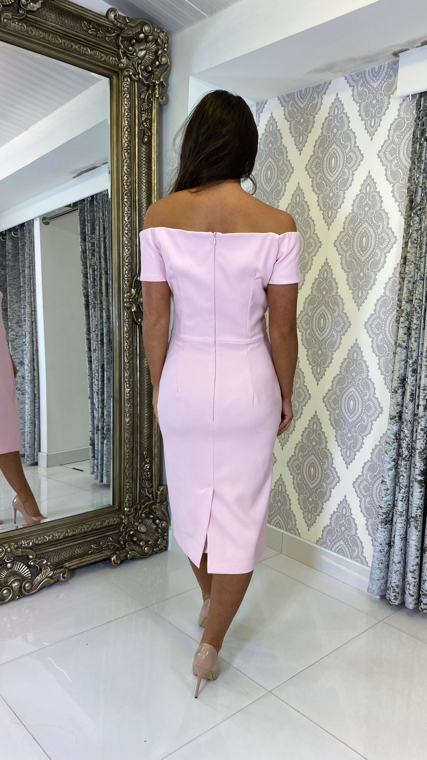 Blush Pink Bardot Midi Wedding Guest Dress – Rosies Closet