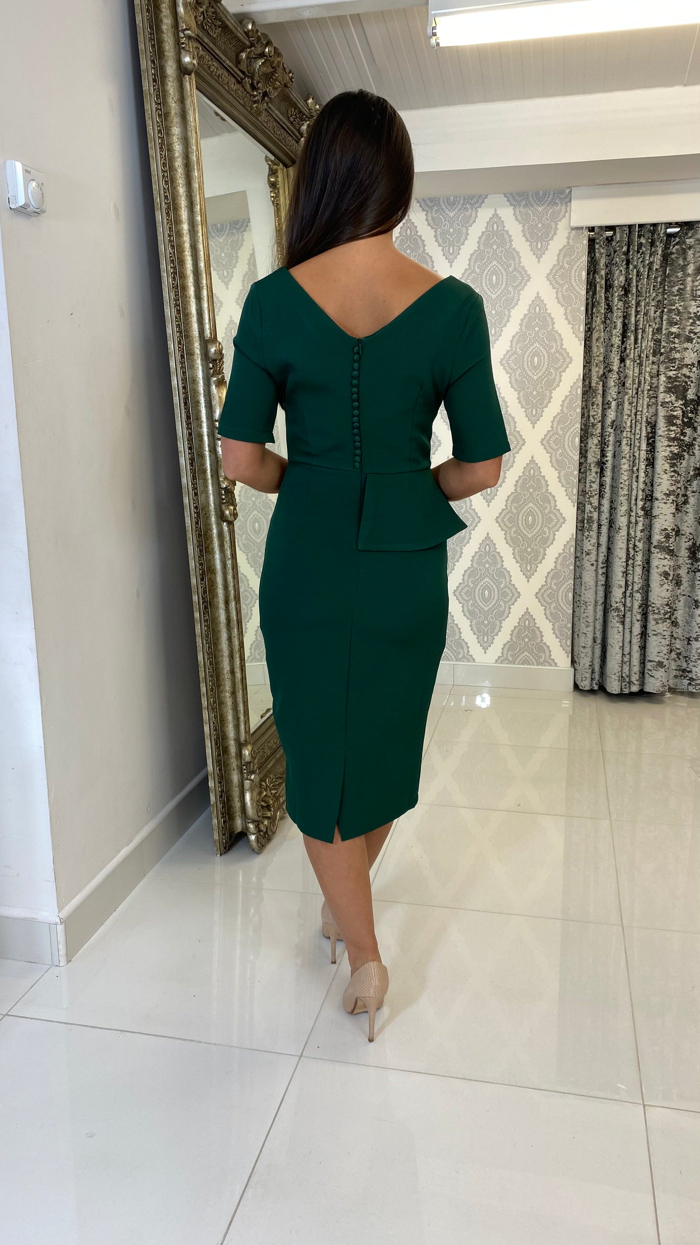 Forest Green Asymmetric Peplum Pencil Dress