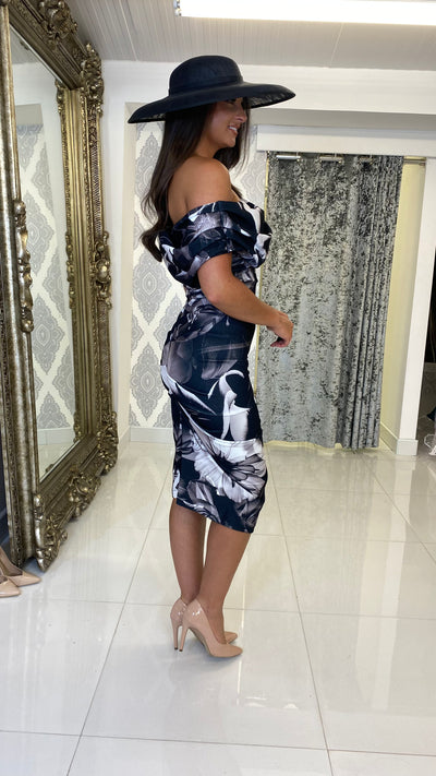 Black & Grey Floral Drape Shoulder Midi Bodycon Dress