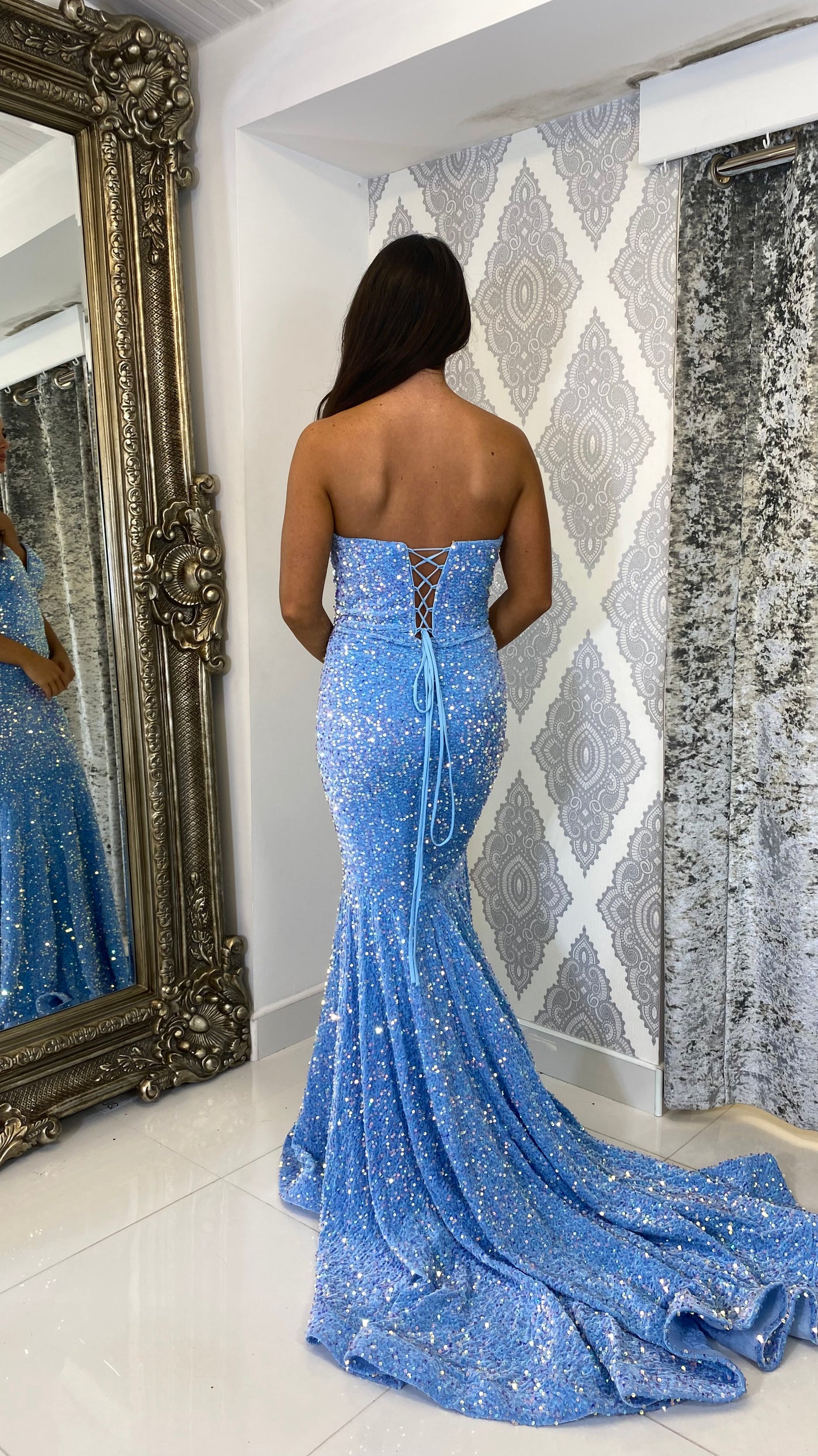 Light Blue Sequin Strapless Lace up Evening Gown Rosies Closet