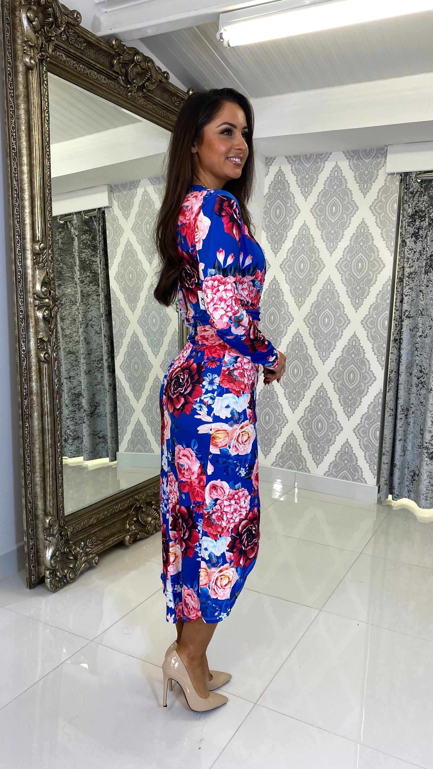 Blue Rose Print Midi Ruched Dress