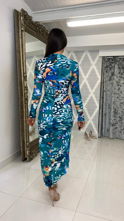 Blue Print Midi Ruched dress