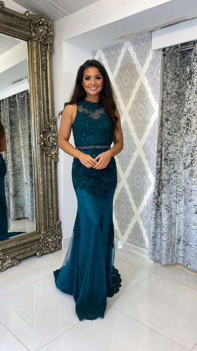 Green Lace High Neck Backless Evening Gown