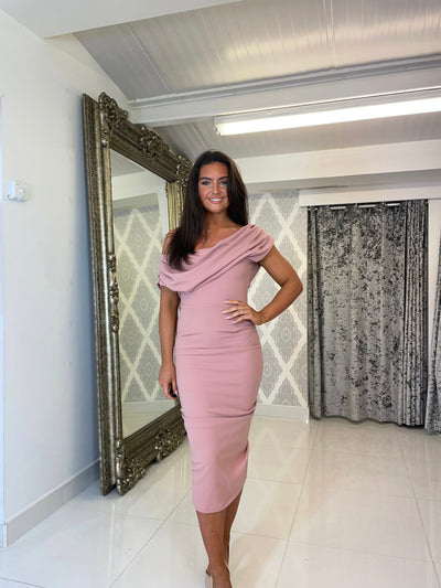 Blush Pink Drape Shoulder Midi Bodycon Dress