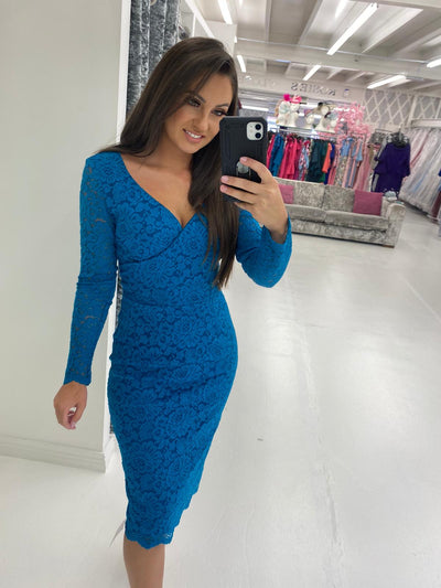 Teal Long Sleeve Lace Pencil Dress