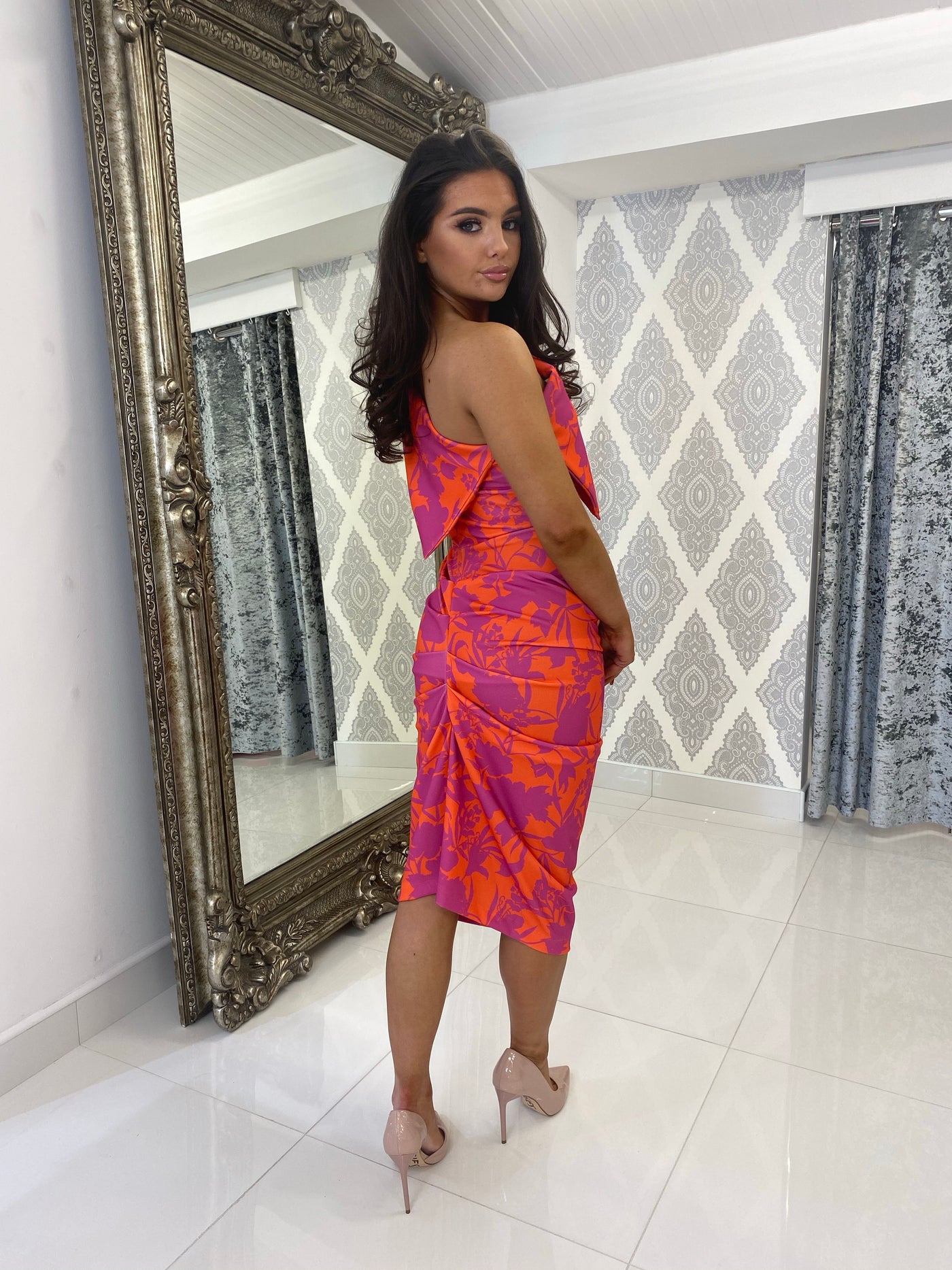 Pink and Orange Floral Miley Midi Wedding Guest Dress
