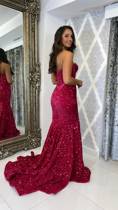 Fuchsia Sequin Corset Strapless Evening Gown