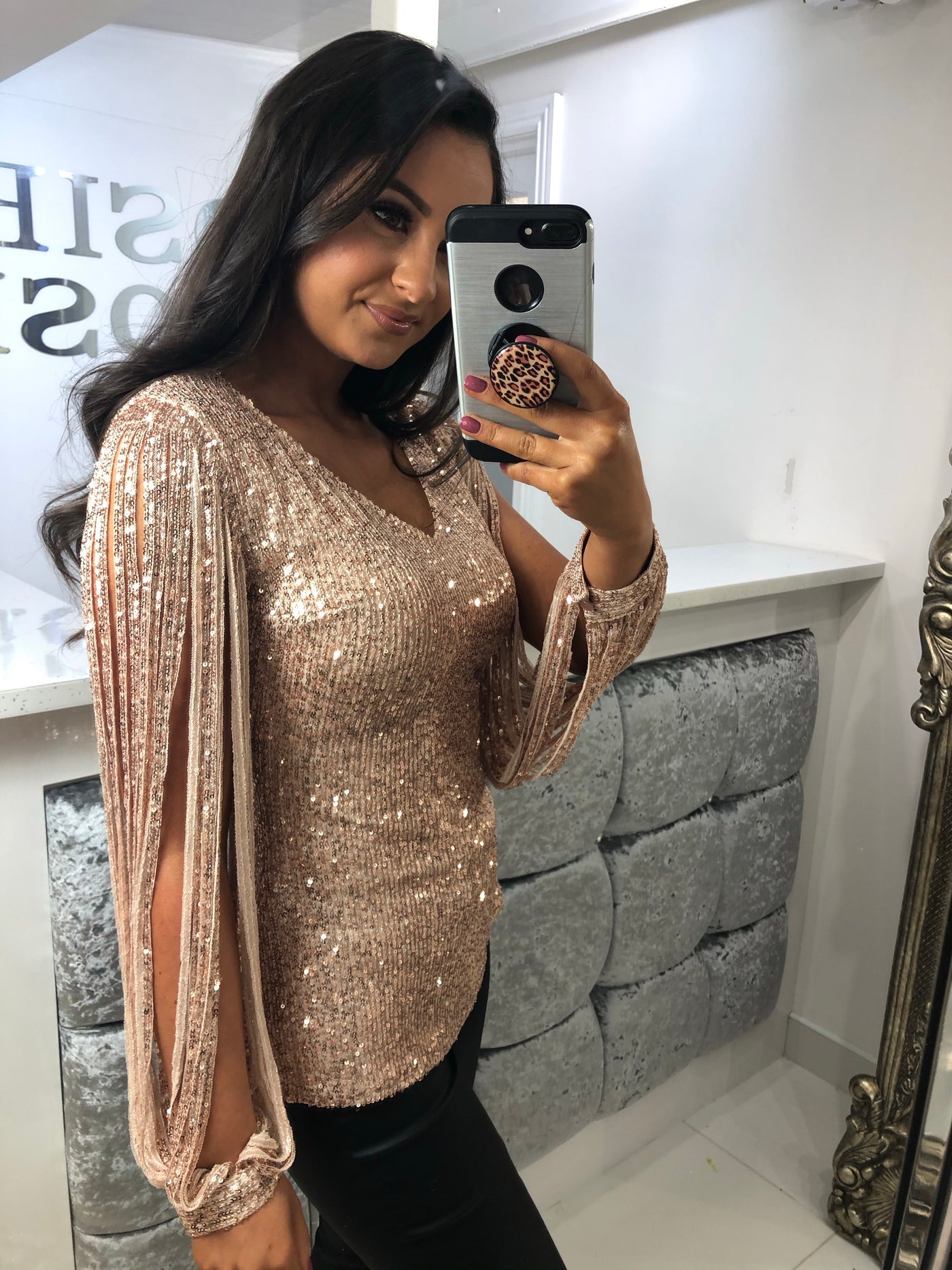 Rose Gold Sequin Tassel Long Sleeve Top